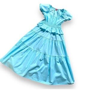 New STAUD Martina Smocked Dress Sz S Light Blue Puff Sleeves Tiered Cotton